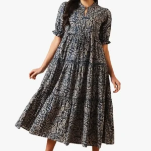 Women’s Fit and Flare Pure Cotton Long Maxi Dress (Blue)